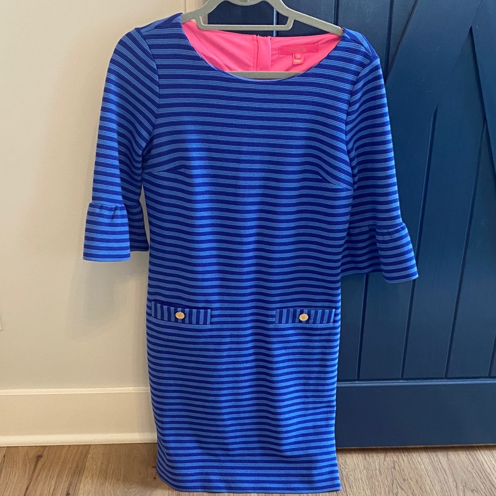 Lilly Pulitzer Blue Striped Dress w/ 3/4 length bell sleeves